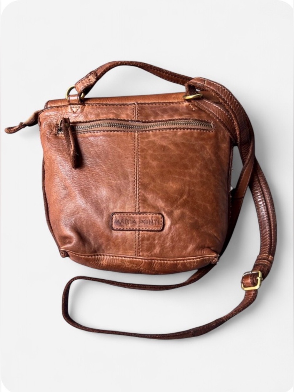 Marta Ponti Cognac Leather Crossbody Bag Top Handle Boho Distressed Portugal